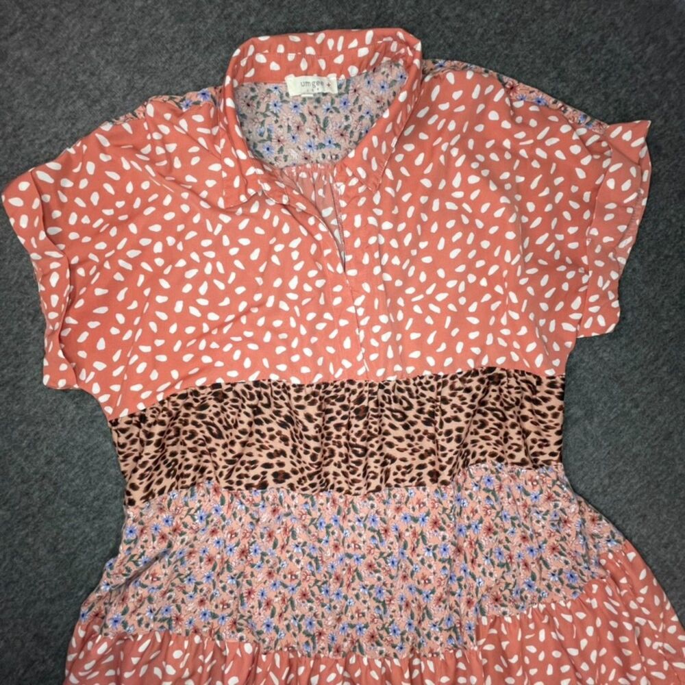 Umgee Mixed Print Tiered Babydoll Dress XL Coral Boho Floral Leopard Mini Animal - Picture 2 of 9